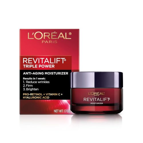 L’Oreal Paris Revitalift Triple Power Anti-Aging Face Moisturizer, Pro Retinol, Hyaluronic Acid & Vitamin C to Reduce Wrinkles, Firm & Brighten Skin, 1.7 Oz